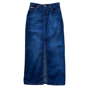 90s Y2K Tommy Jeans Blue Mid to Dark Wash Denim Maxi Skirt with Slit Medium